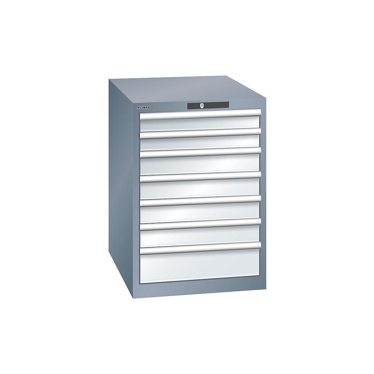 Drawer cupboard, sheet steel – LISTA, HxW 800 x 564 mm, 7 drawers, grey metallic / light grey-12