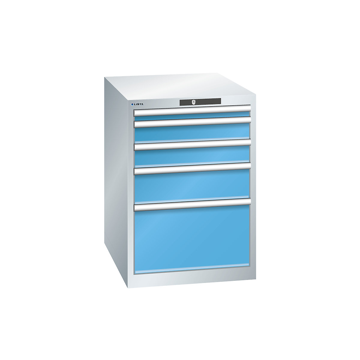 Drawer cupboard, sheet steel – LISTA, HxW 800 x 564 mm, 5 drawers, light grey / light blue-17
