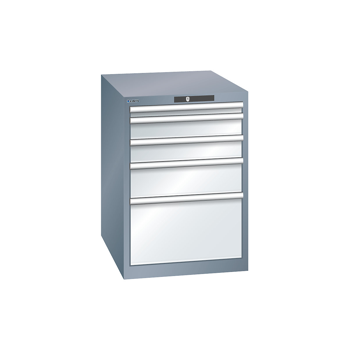 Drawer cupboard, sheet steel – LISTA, HxW 800 x 564 mm, 5 drawers, grey metallic / light grey-19