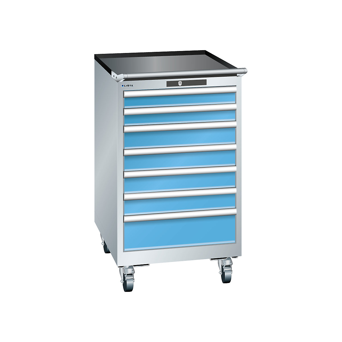 Drawer cupboard, sheet steel – LISTA, HxW 990 x 564 mm, 7 drawers, mobile, light grey / light blue-20
