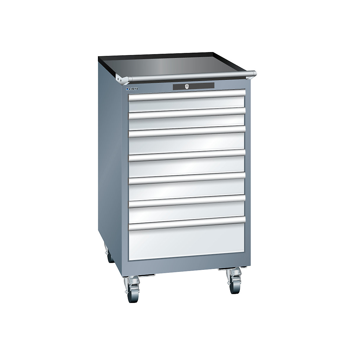 Drawer cupboard, sheet steel – LISTA, HxW 990 x 564 mm, 7 drawers, mobile, grey metallic / light grey-17