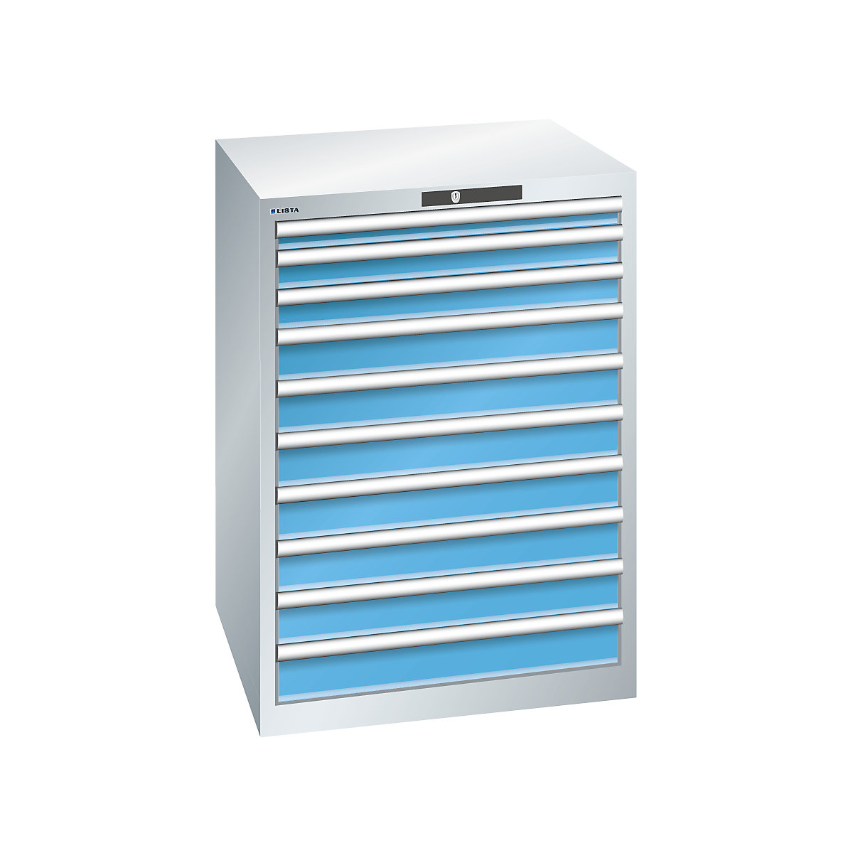 Drawer cupboard, sheet steel – LISTA, HxW 1000 x 717 mm, 10 drawers, light grey / light blue-18