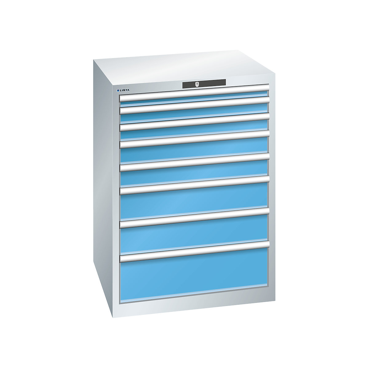 Drawer cupboard, sheet steel – LISTA, HxW 1000 x 717 mm, 8 drawers, light grey / light blue-10