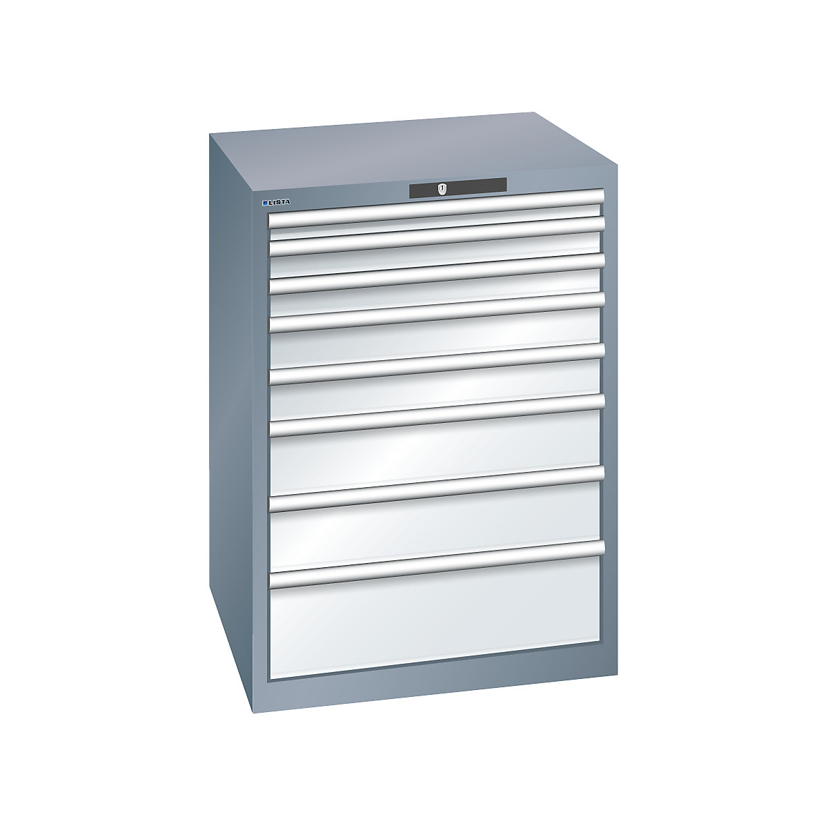 Drawer cupboard, sheet steel – LISTA, HxW 1000 x 717 mm, 8 drawers, grey metallic / light grey-12