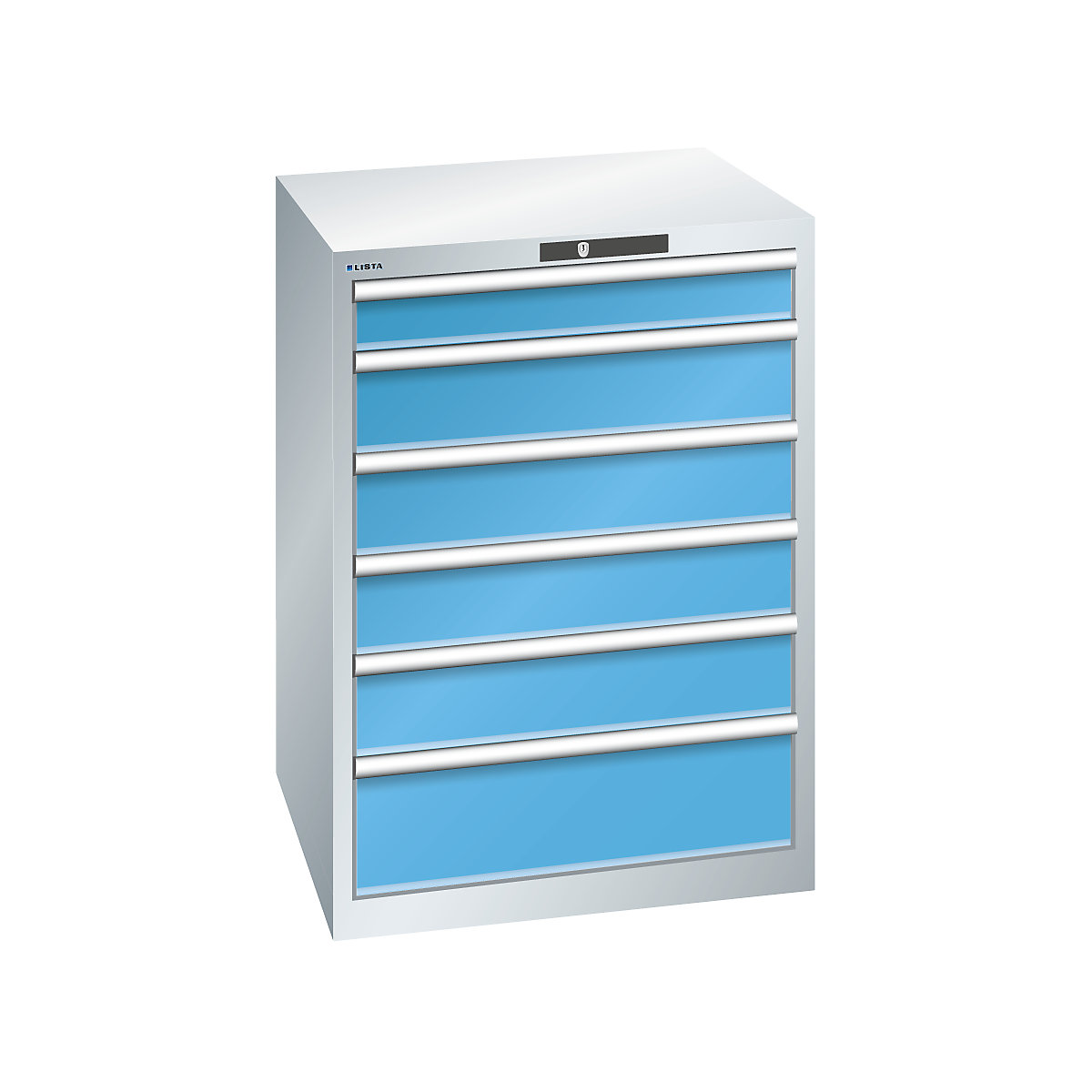 Drawer cupboard, sheet steel – LISTA, HxW 1000 x 717 mm, 6 drawers, light grey / light blue-10