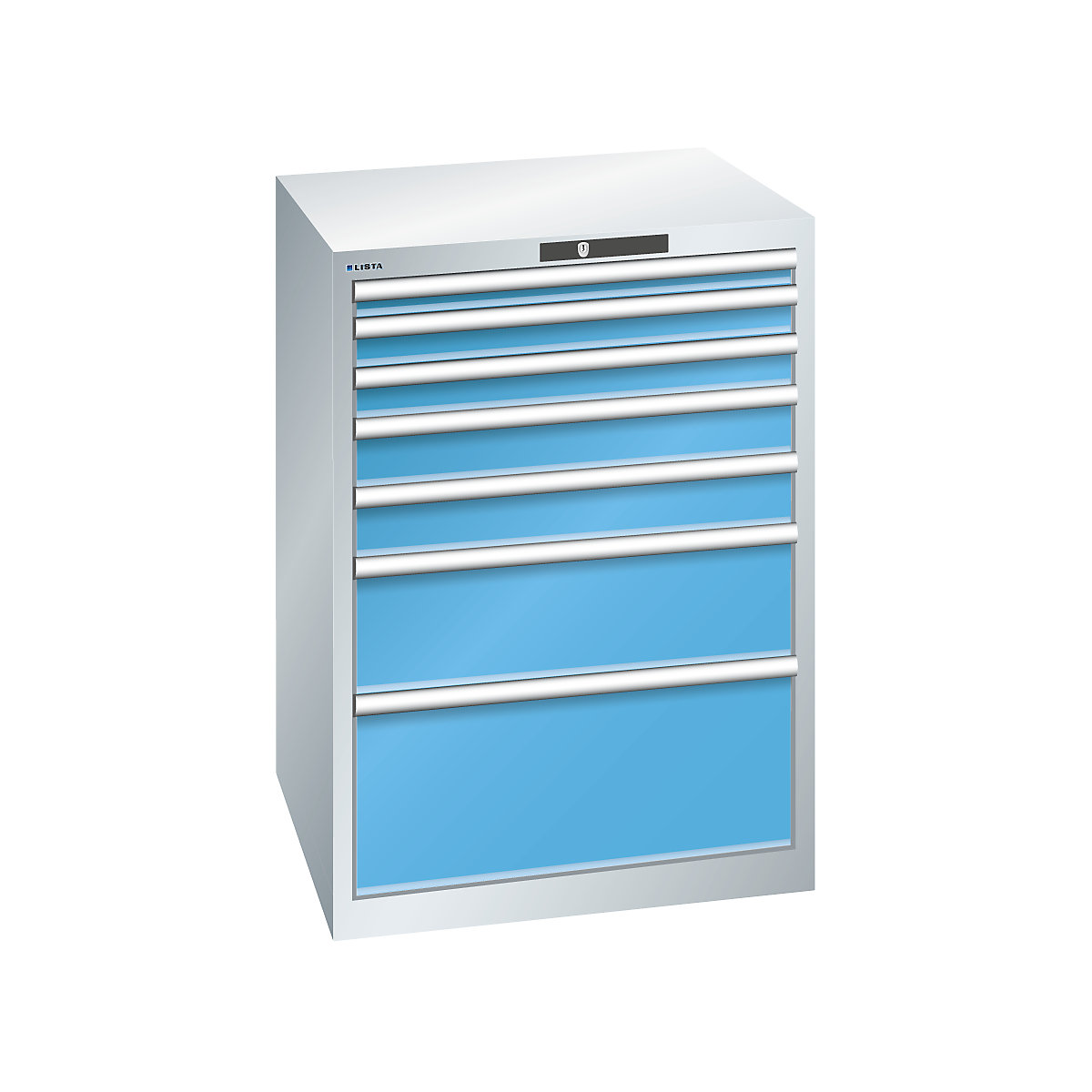 Drawer cupboard, sheet steel – LISTA, HxW 1000 x 717 mm, 7 drawers, light grey / light blue-11