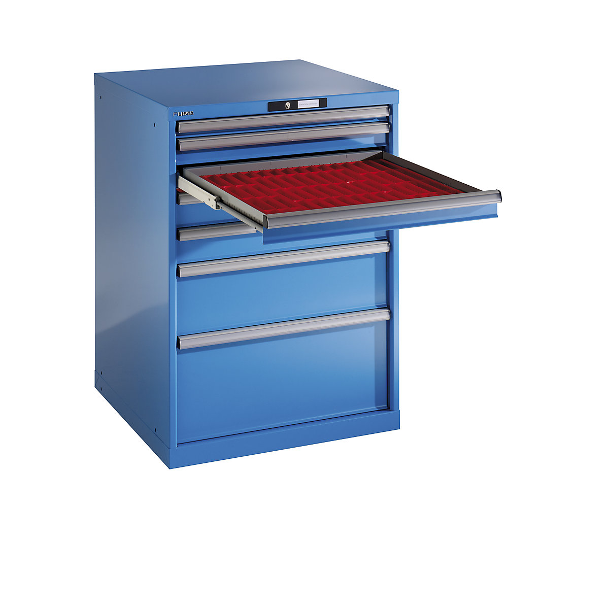 Drawer cupboard, sheet steel – LISTA, HxW 1000 x 717 mm, 7 drawers, light blue-26