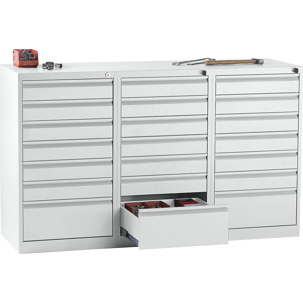 Drawer cupboard, steel – eurokraft basic, HxWxD 900 x 1500 x 500 mm, 21 drawers, light grey drawers-2
