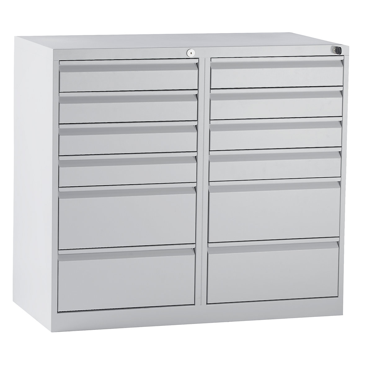 Drawer cupboard, steel – eurokraft basic, HxWxD 900 x 1000 x 500 mm, 12 drawers, light grey drawers-4