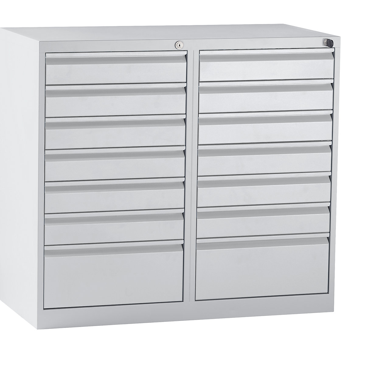 Drawer cupboard, steel – eurokraft basic, HxWxD 900 x 1000 x 500 mm, 14 drawers, light grey drawers-4