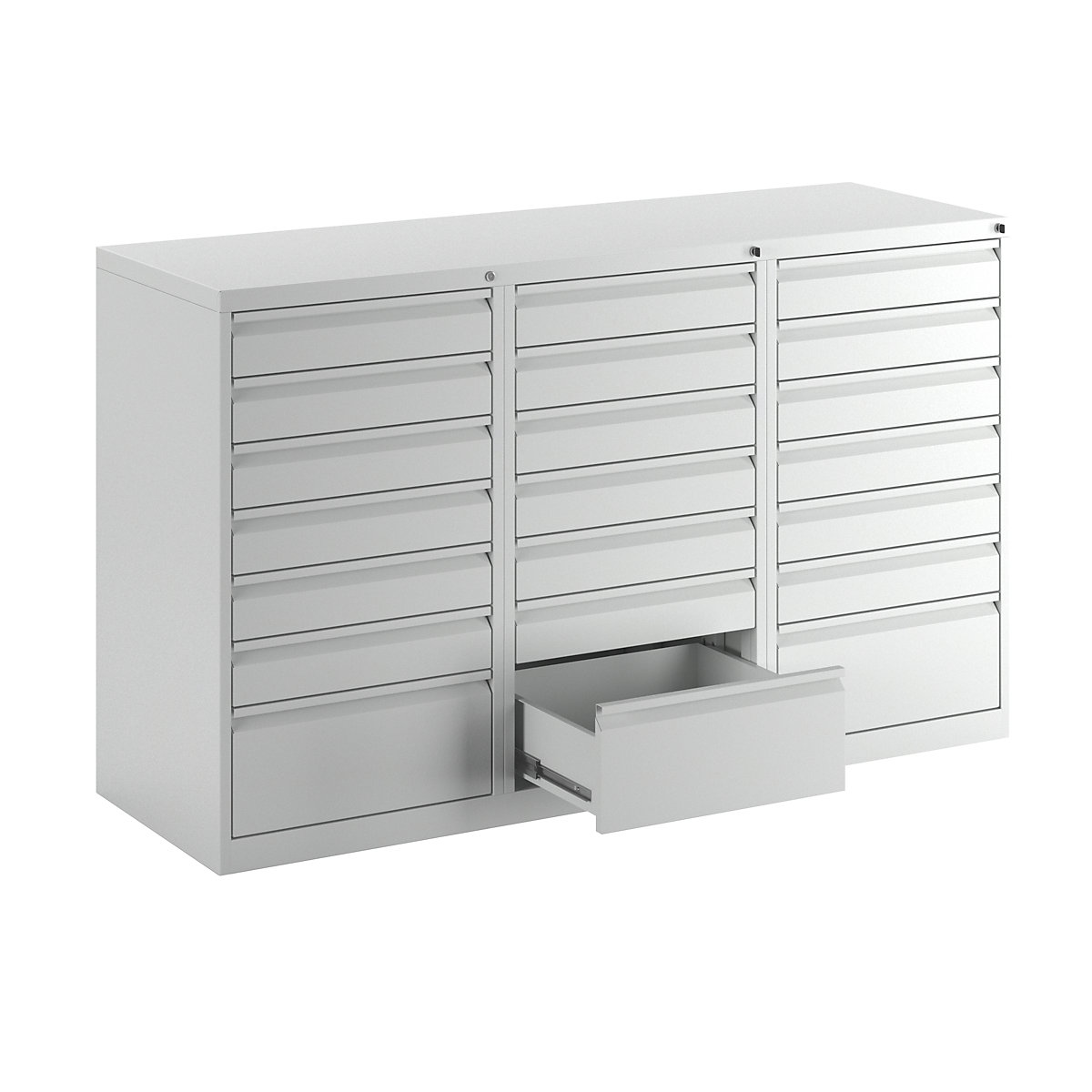 Drawer cupboard, steel – eurokraft basic, HxWxD 900 x 1500 x 500 mm, 21 drawers, light grey drawers-4