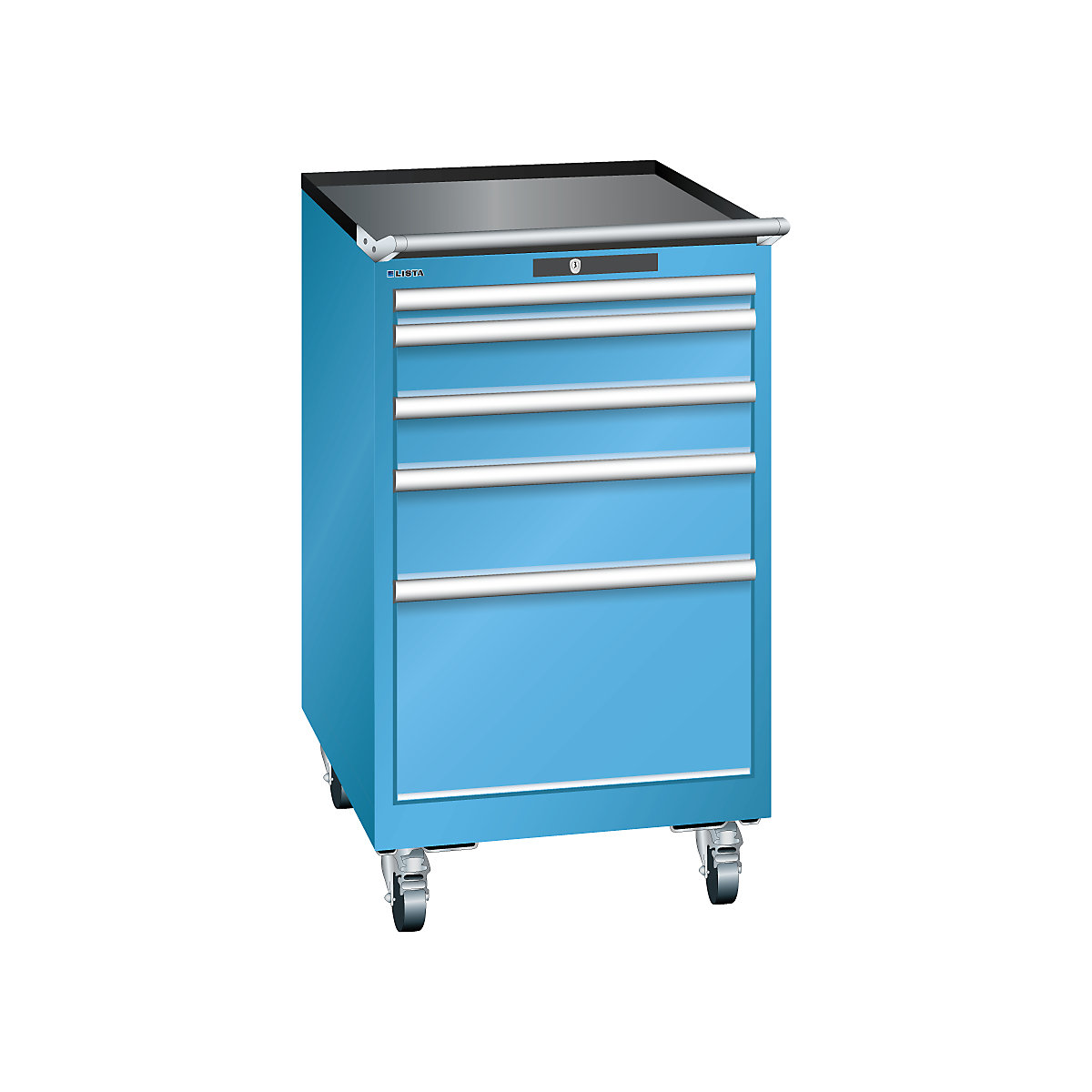 Drawer cupboard, width 564 mm, mobile – LISTA, 5 drawers, HxD 990 x 725 mm, light blue-8
