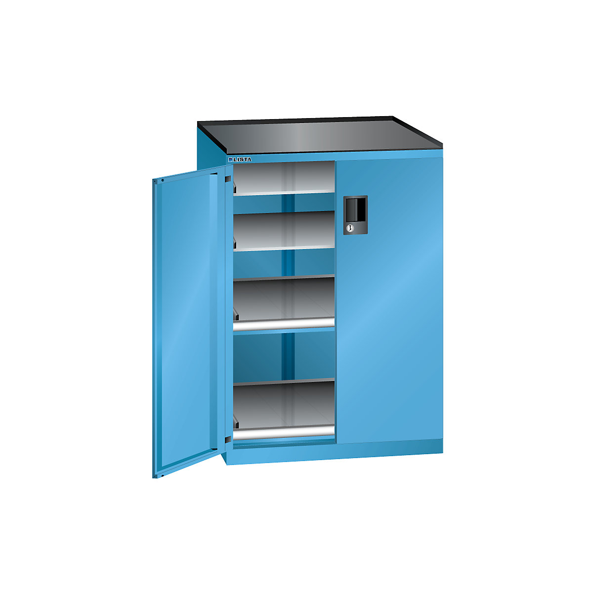 Drawer cupboard with hinged doors – LISTA, height 1020 mm, 4 shelves, max. load 75 kg, light blue-4