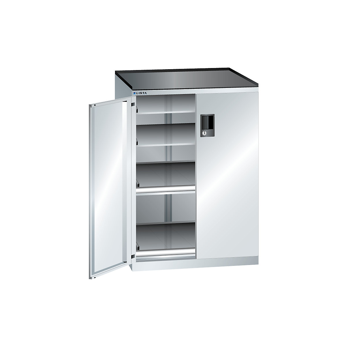 Drawer cupboard with hinged doors – LISTA, height 1020 mm, 4 shelves, max. load 75 kg, light grey-2