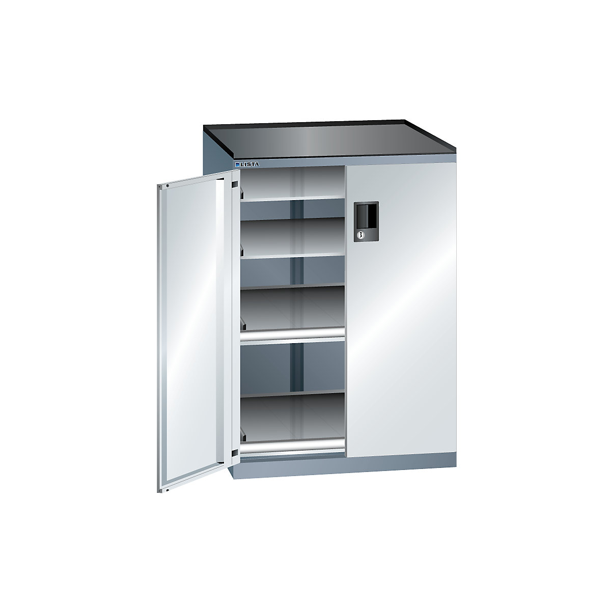 Drawer cupboard with hinged doors – LISTA, height 1020 mm, 4 shelves, max. load 75 kg, grey metallic / light grey-3