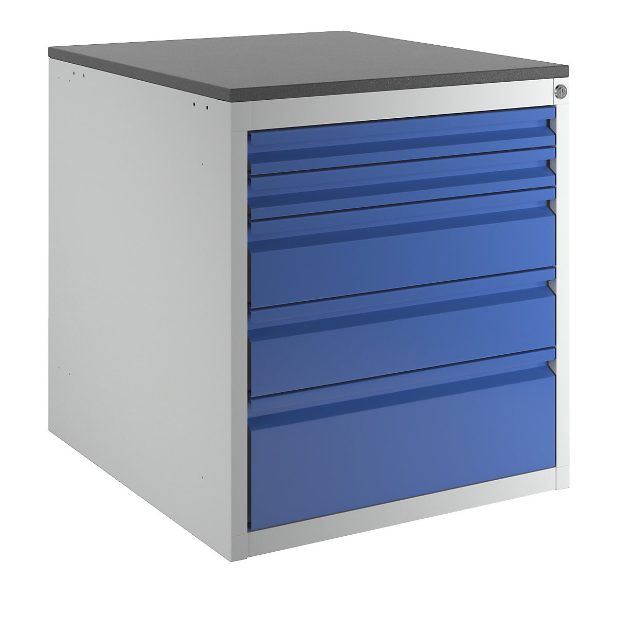 Drawer cupboard with telescopic guides – RAU, height 640 mm, drawers: 2 x 60, 2 x 120, 1 x 180 mm, light grey / gentian blue, width 580 mm-7