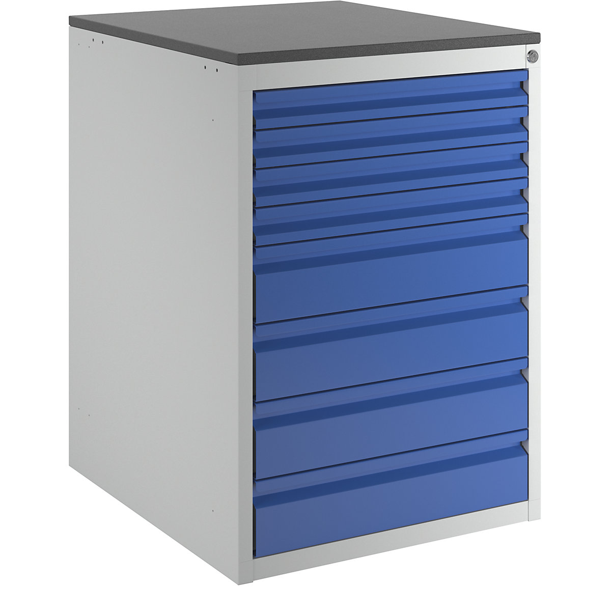 Drawer cupboard with telescopic guides – RAU, height 820 mm, drawers: 4 x 60, 4 x 120 mm, light grey / gentian blue, width 580 mm-5