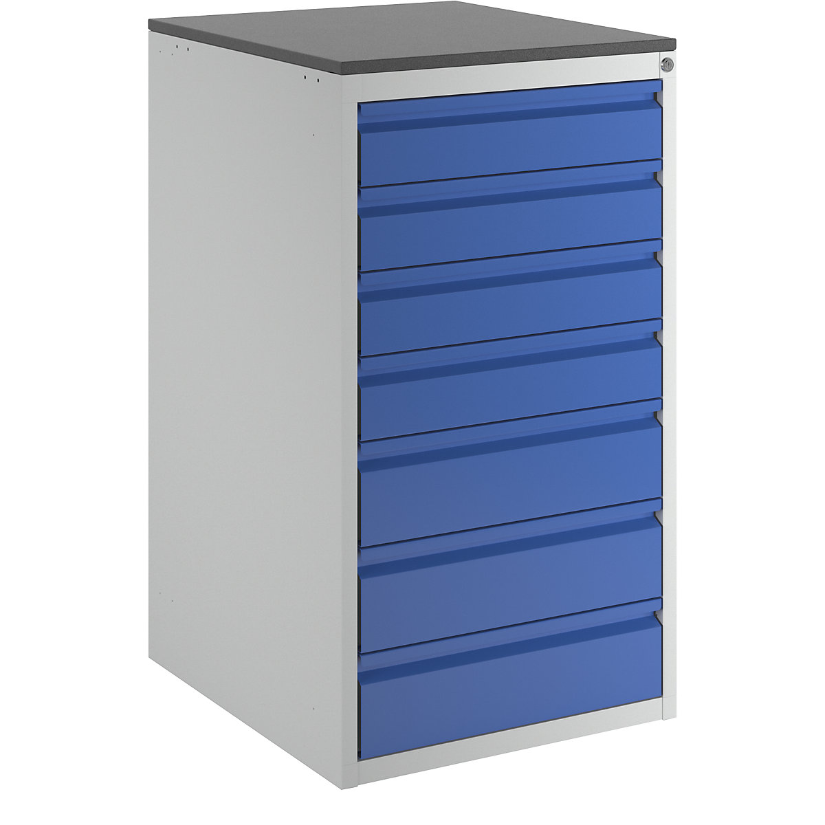 Drawer cupboard with telescopic guides – RAU, height 1030 mm, drawers: 4 x 120, 3 x 150 mm, light grey / gentian blue, width 580 mm-6