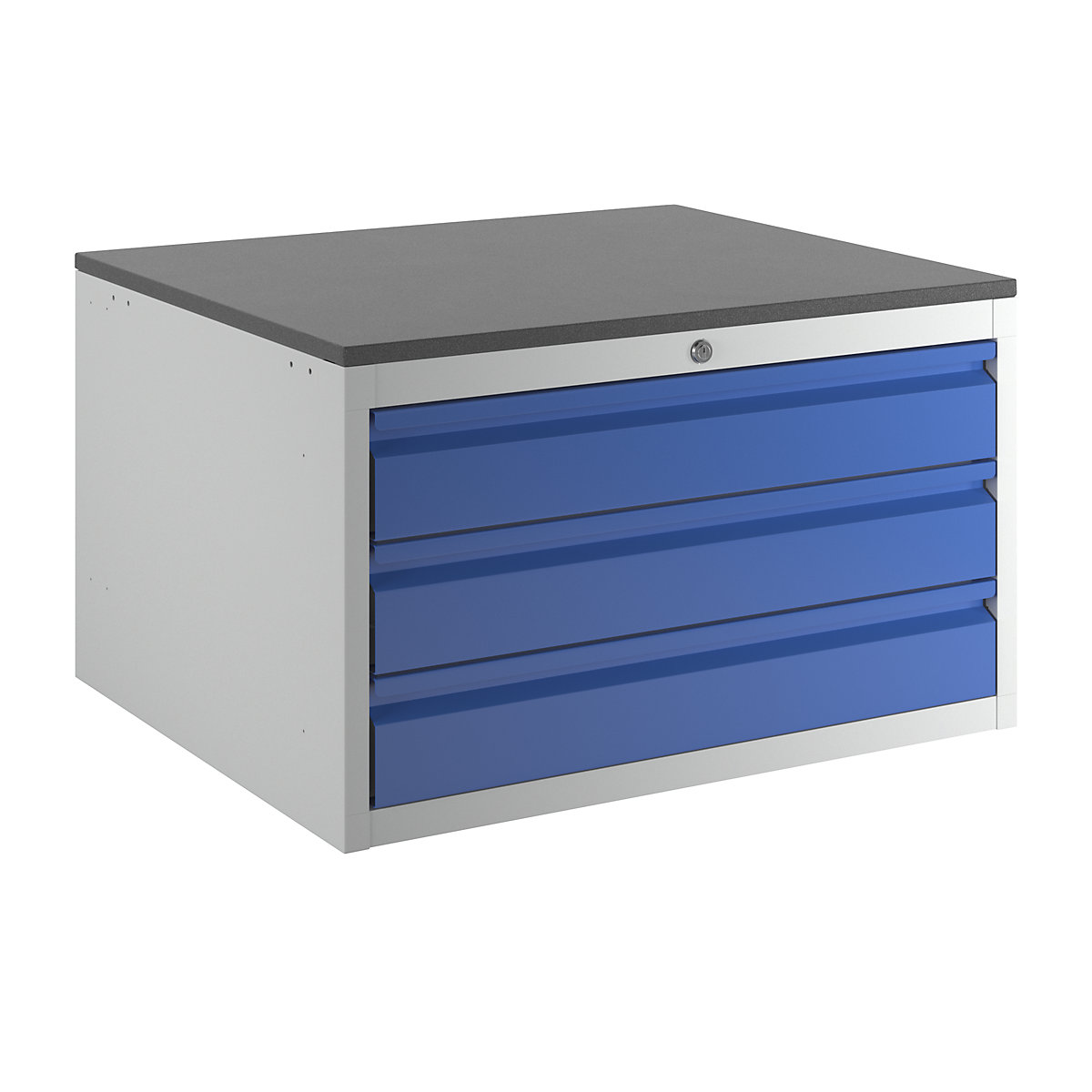 Drawer cupboard with telescopic guides – RAU, height 460 mm, 3 x 120 mm drawers, light grey / gentian blue, width 770 mm-6