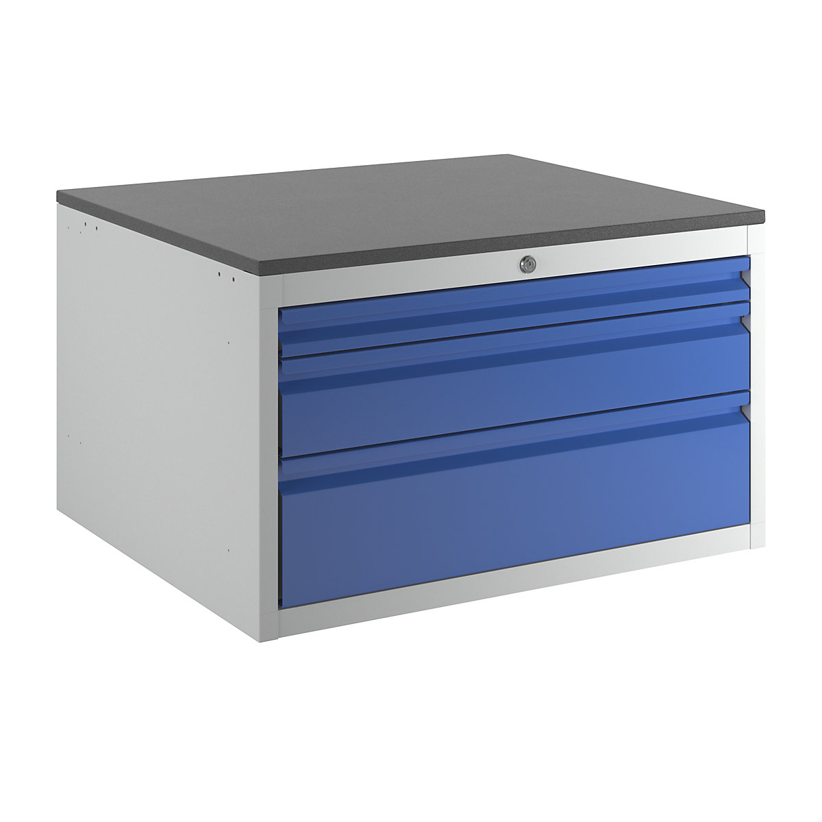Drawer cupboard with telescopic guides – RAU, height 460 mm, drawers: 1 x 60, 1 x 120, 1 x 180 mm, light grey / gentian blue, width 770 mm-12