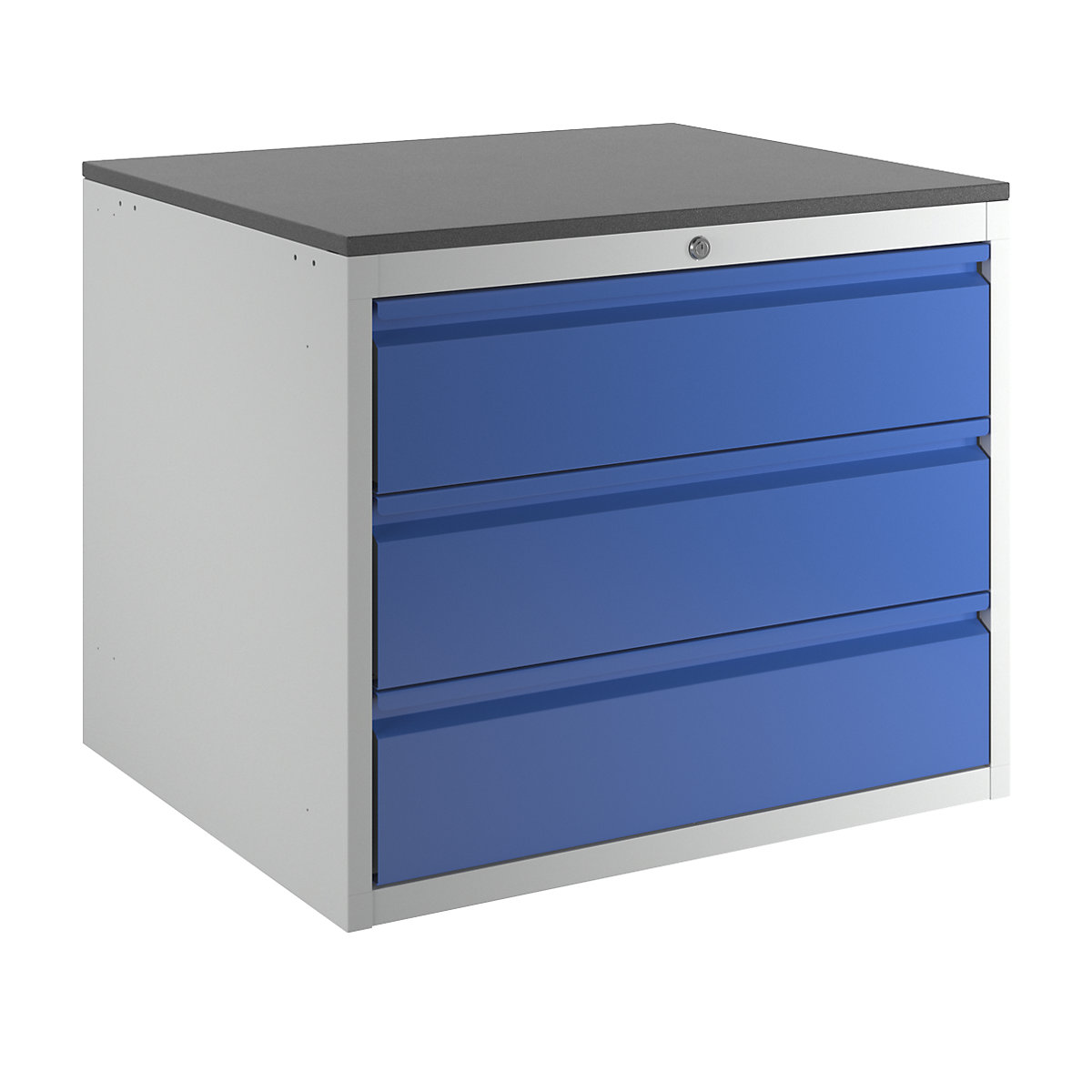 Drawer cupboard with telescopic guides – RAU, height 640 mm, 3 x 180 mm drawers, light grey / gentian blue, width 770 mm-7