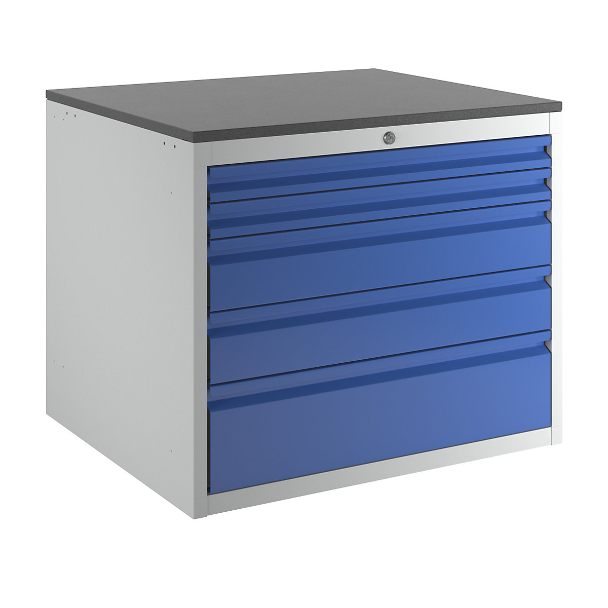 Drawer cupboard with telescopic guides – RAU, height 640 mm, drawers: 2 x 60, 2 x 120, 1 x 180 mm, light grey / gentian blue, width 770 mm-6