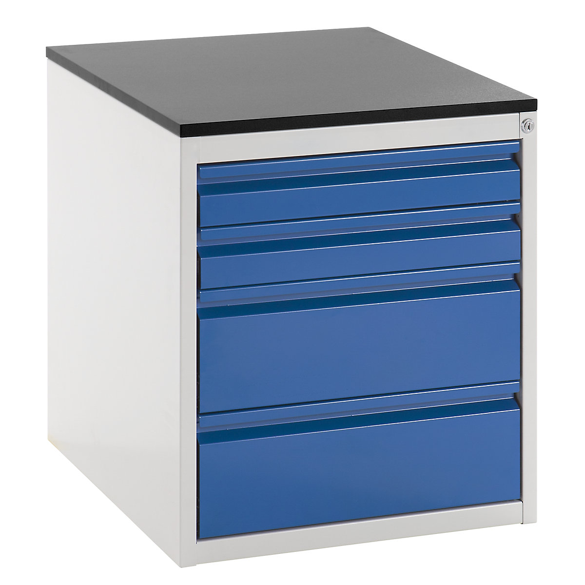 Drawer cupboard with telescopic guides – RAU, height 640 mm, drawers: 2 x 90, 2 x 180 mm, light grey / gentian blue, width 580 mm-2