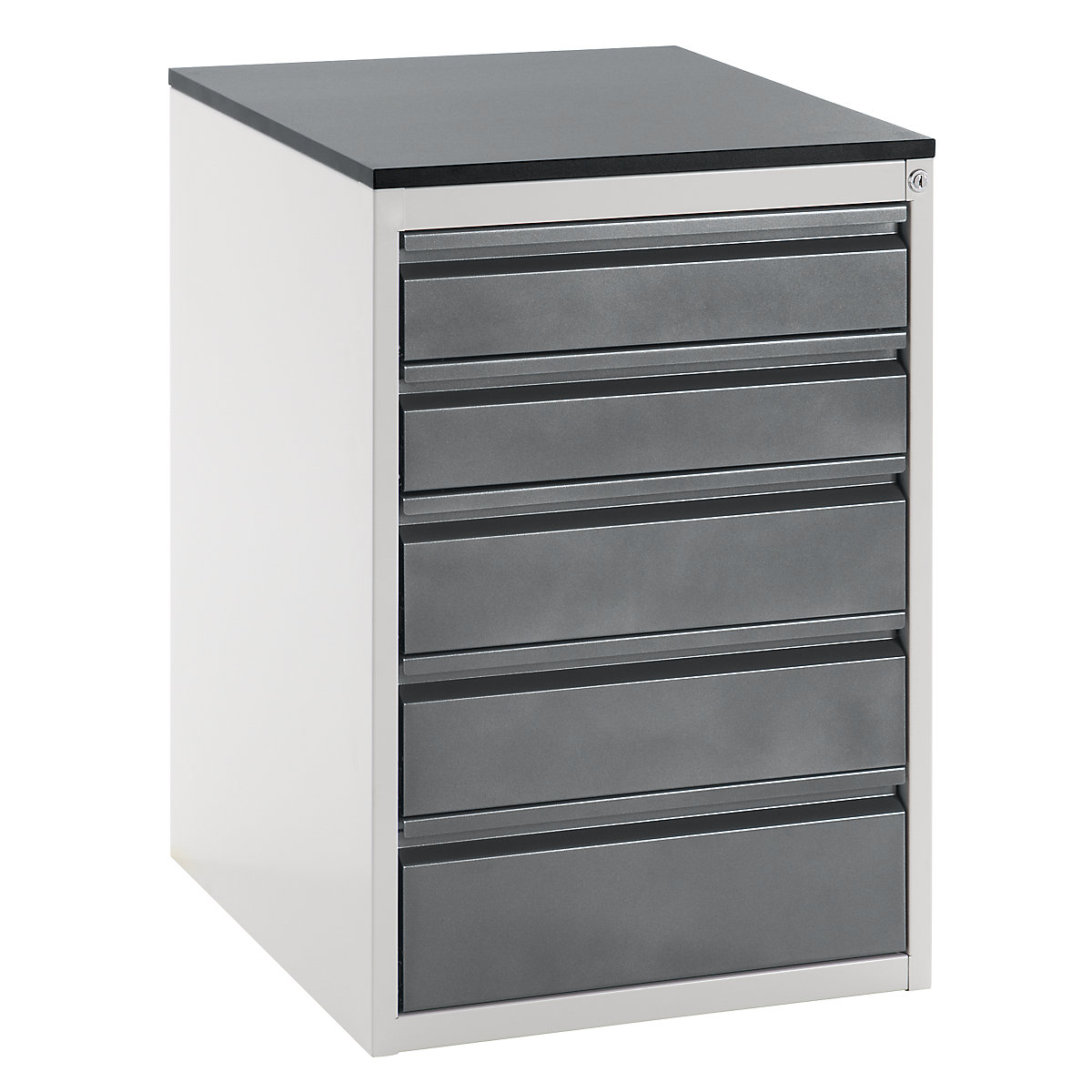 Drawer cupboard with telescopic guides – RAU, height 820 mm, drawers: 2 x 120, 2 x 150, 1 x 180 mm, light grey / metallic charcoal, width 580 mm-13