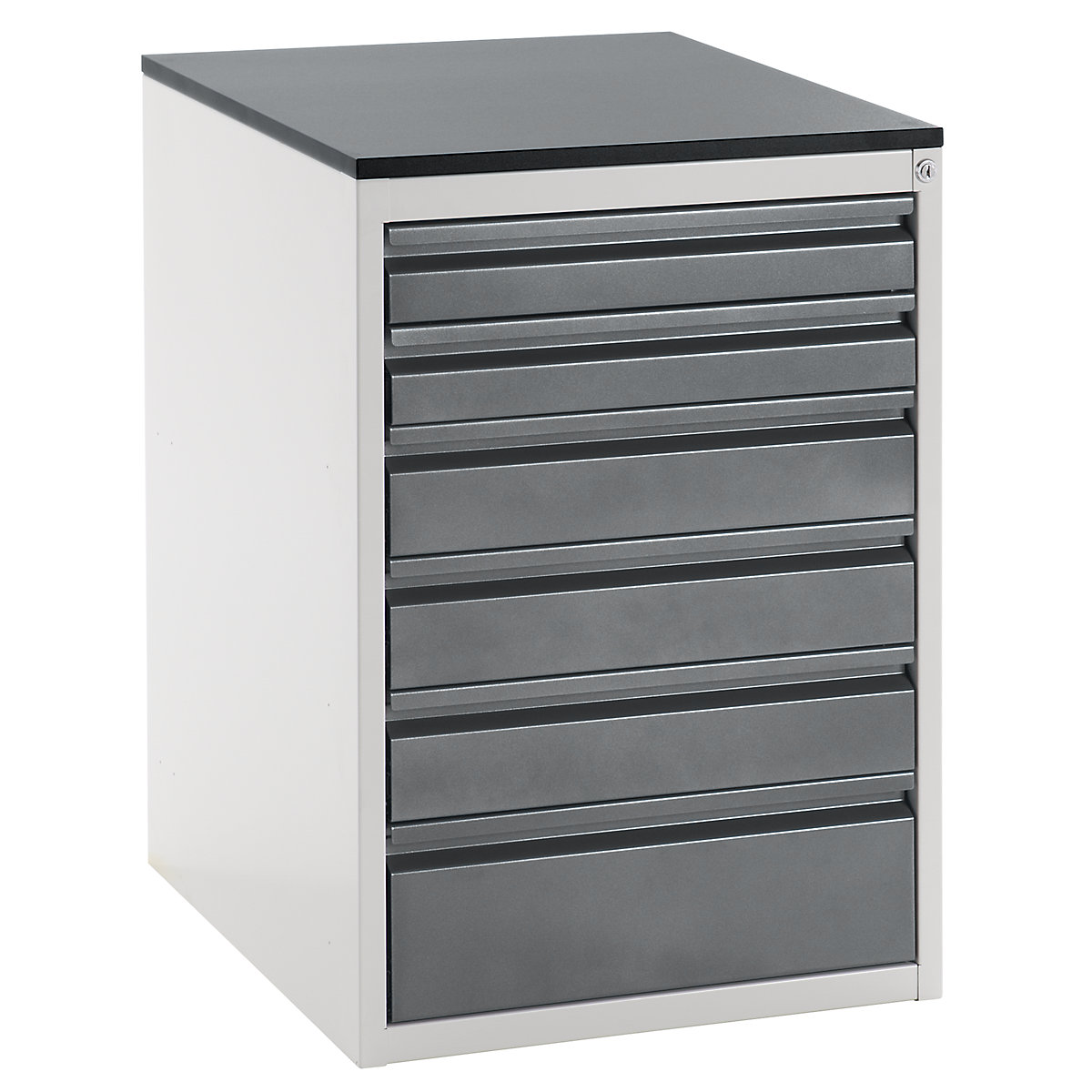 Drawer cupboard with telescopic guides – RAU, height 820 mm, drawers: 2 x 90, 3 x 120, 1 x 180 mm, light grey / metallic charcoal, width 580 mm-12