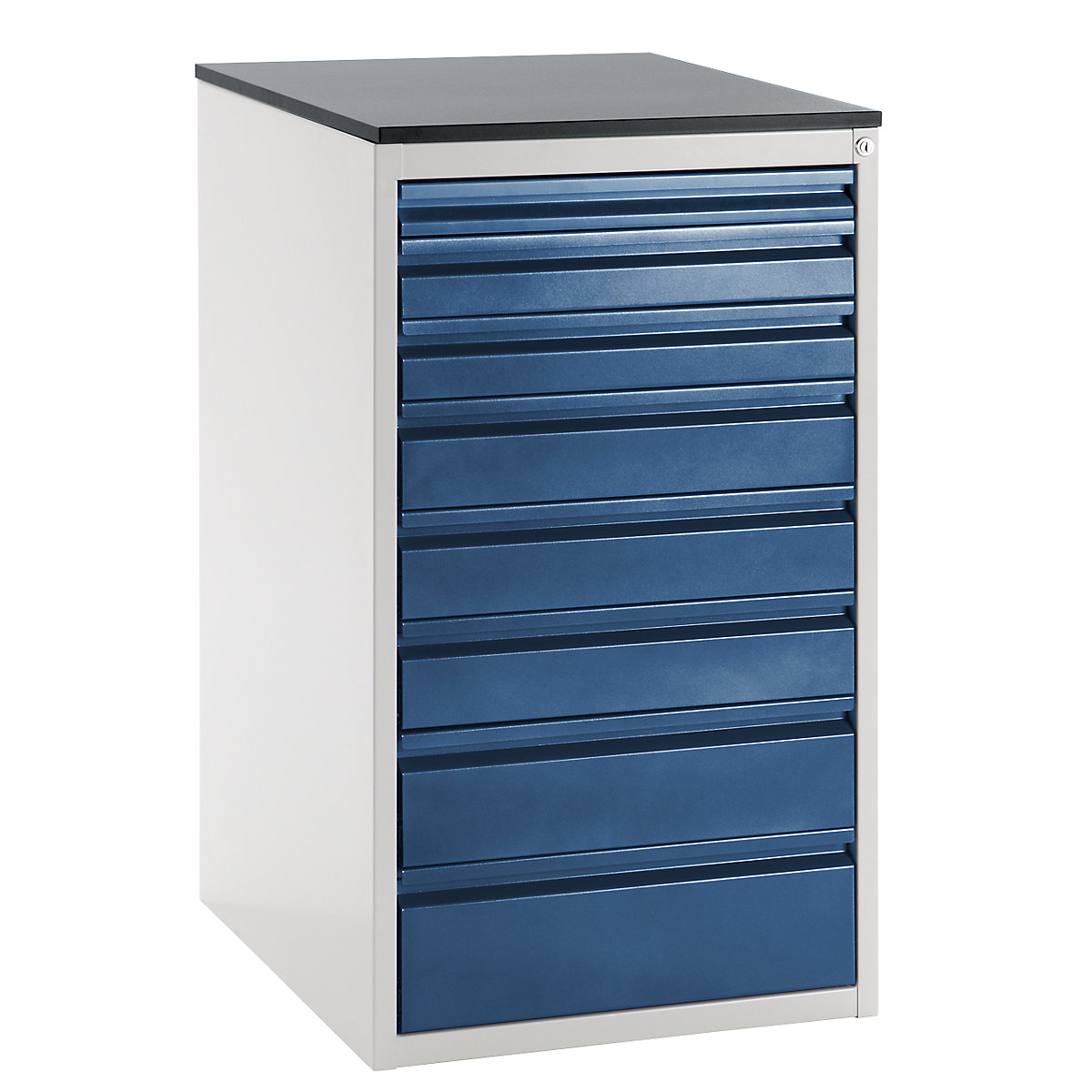 Drawer cupboard with telescopic guides – RAU, height 1030 mm, drawers: 1 x 60, 2 x 90, 3 x 120, 1 x 150, 1 x 180 mm, light grey / gentian blue, width 580 mm-3