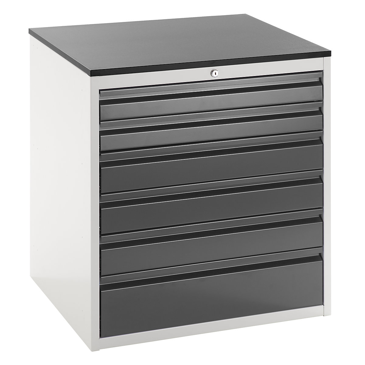 Drawer cupboard with telescopic guides – RAU, height 820 mm, drawers: 2 x 90, 3 x 120, 1 x 180 mm, light grey / charcoal, width 770 mm-13