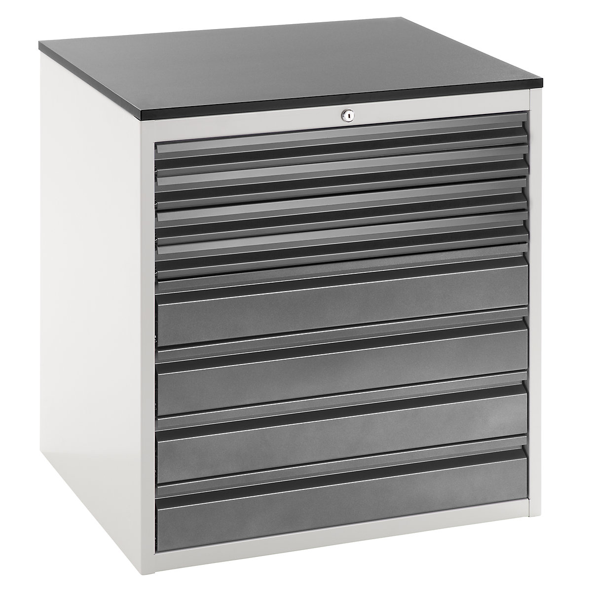 Drawer cupboard with telescopic guides – RAU, height 820 mm, drawers: 4 x 60, 4 x 120 mm, light grey / charcoal, width 770 mm-6
