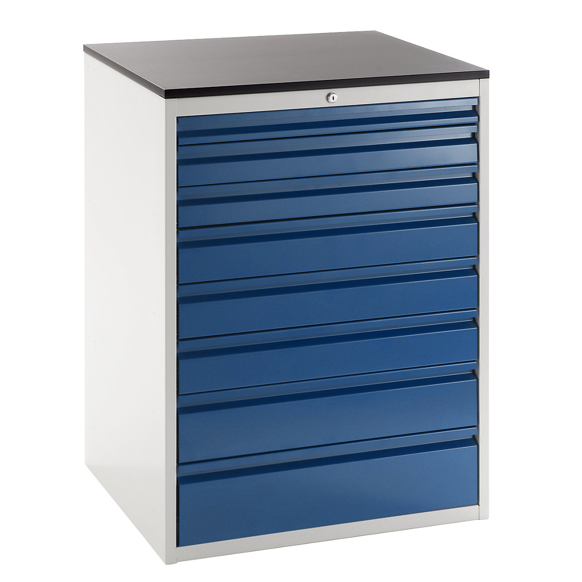 Drawer cupboard with telescopic guides – RAU, height 1030 mm, drawers: 1 x 60, 2 x 90, 3 x 120, 1 x 150, 1 x 180 mm, light grey / gentian blue, width 770 mm-4