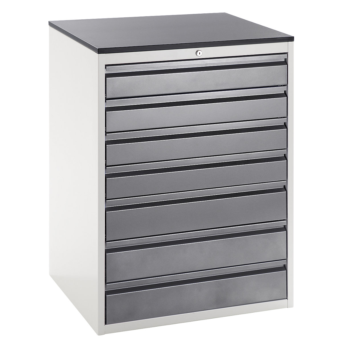 Drawer cupboard with telescopic guides – RAU, height 1030 mm, drawers: 4 x 120, 3 x 150 mm, light grey / charcoal, width 770 mm-8