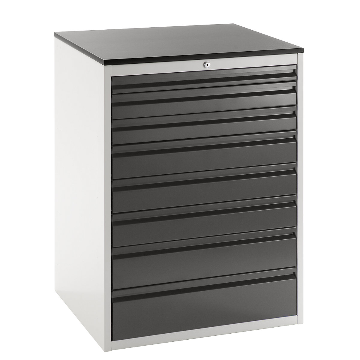 Drawer cupboard with telescopic guides – RAU, height 1030 mm, drawers: 1 x 60, 2 x 90, 3 x 120, 1 x 150, 1 x 180 mm, light grey / charcoal, width 770 mm-1