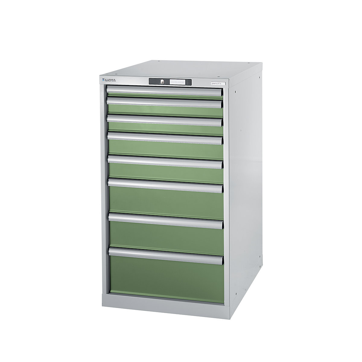 Modular workbench system, drawer unit – LISTA, height 1000 mm, 8 drawers, reseda green-7