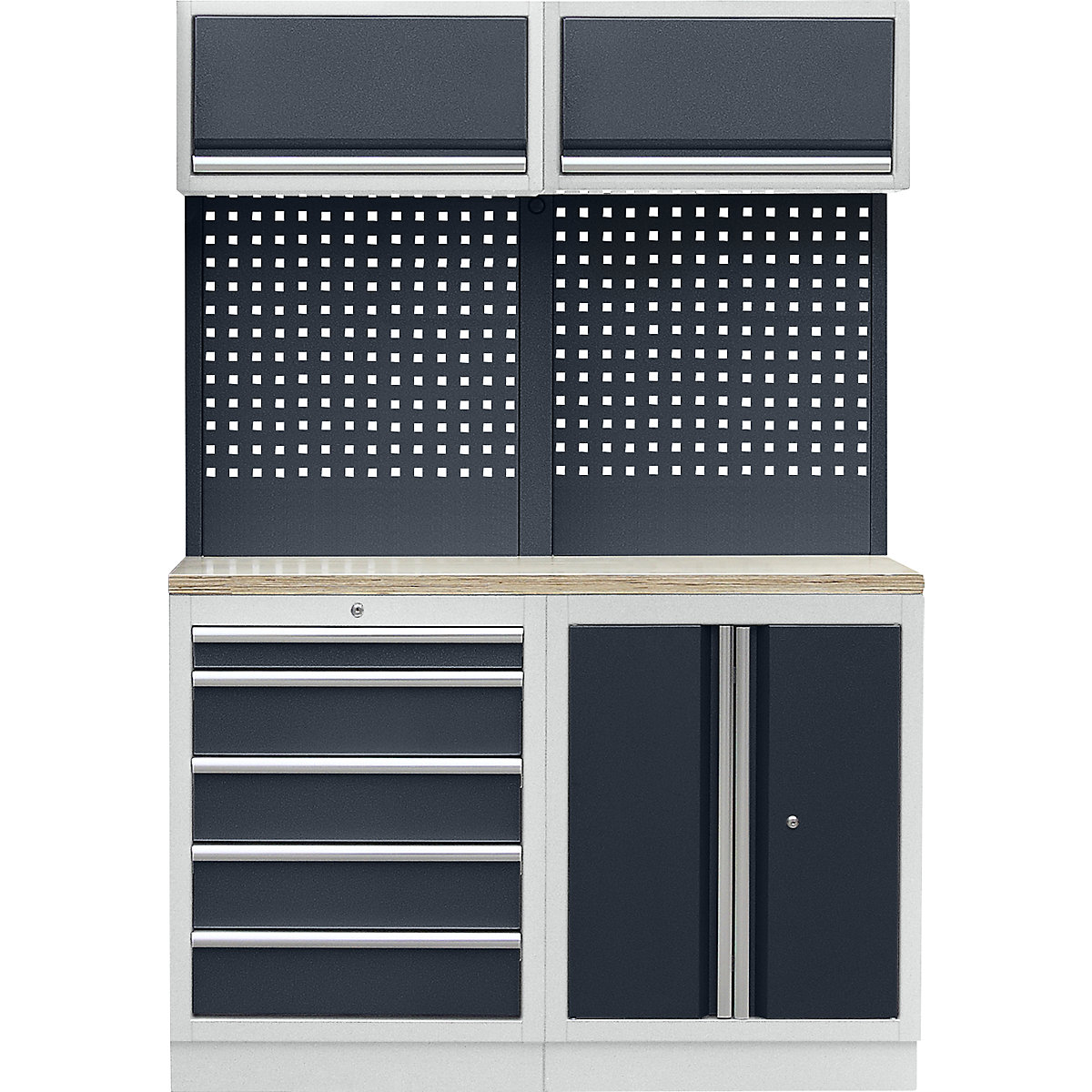 Workshop cupboard system with hinged door and drawer base cupboard