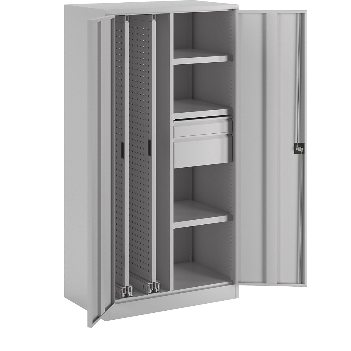Vertical pull-out cupboard – Pavoy, with 2 pullouts, 2 drawers and 3 shelves, light grey-6