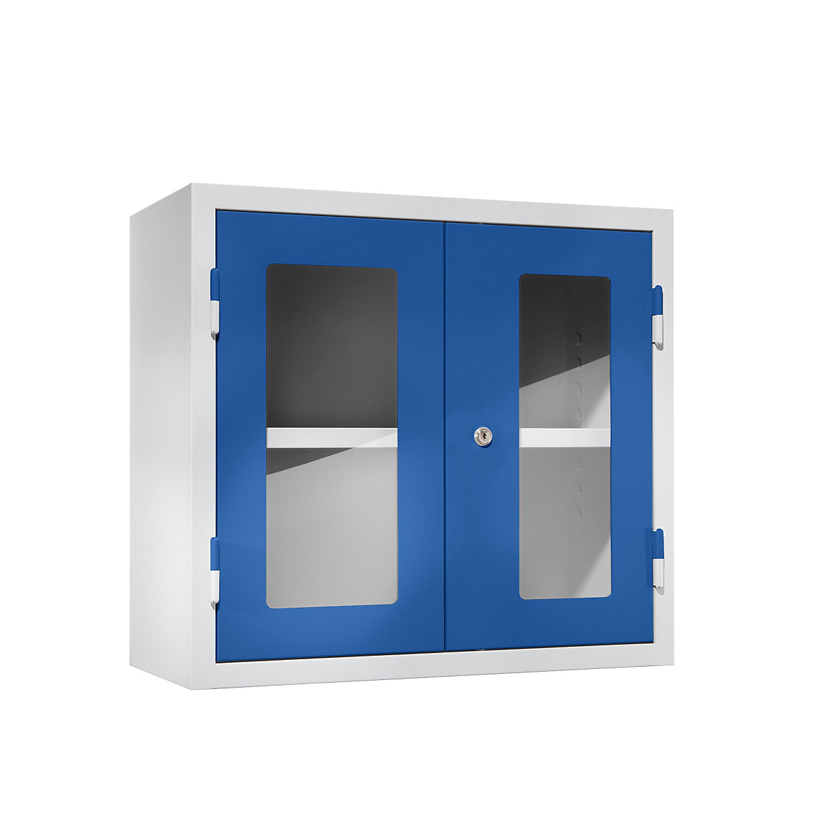 Wall mounted cupboard for the workshop – eurokraft basic, HxWxD 600 x 650 x 320 mm, vision panel doors, gentian blue RAL 5010-13