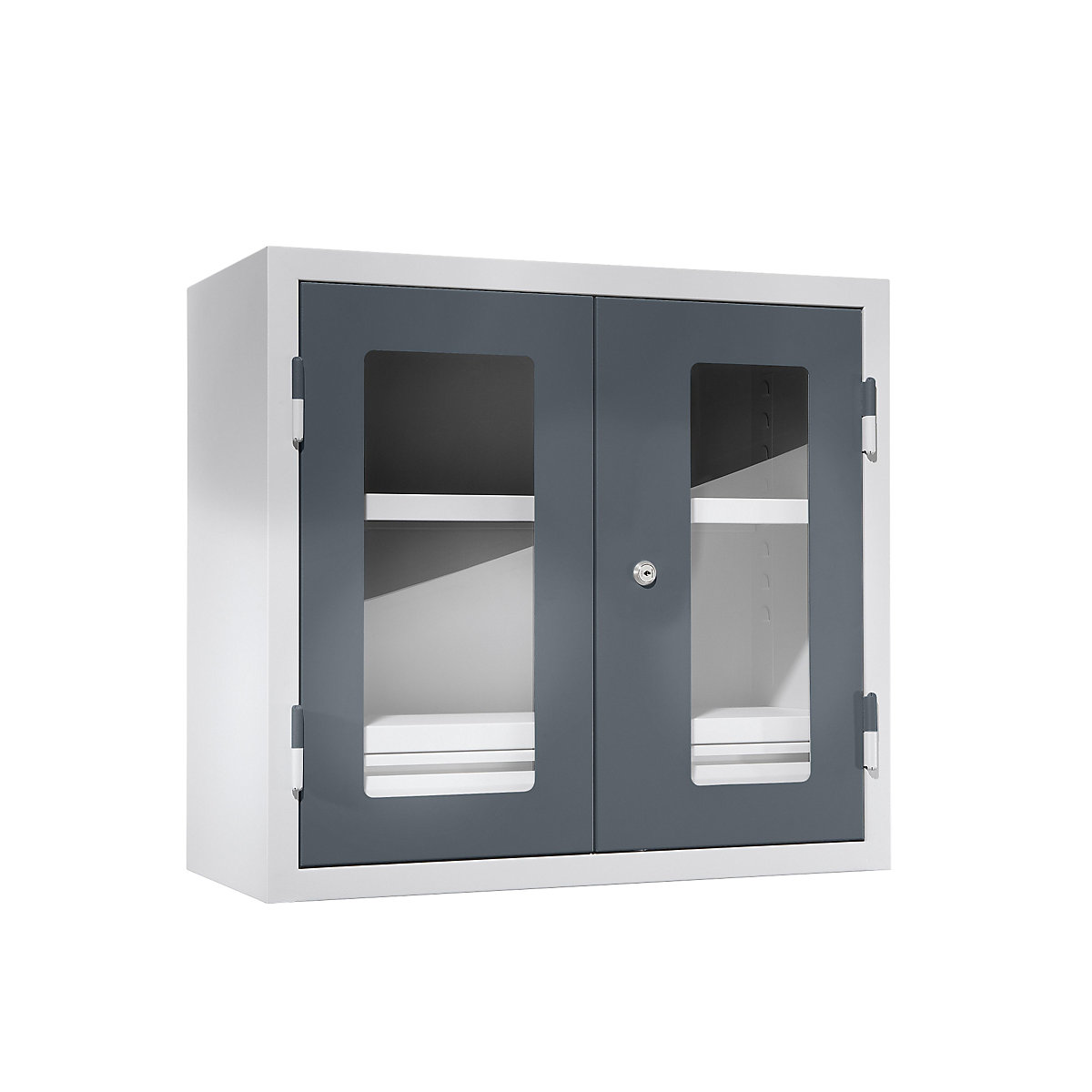 Wall mounted cupboard for the workshop – eurokraft basic, HxWxD 600 x 650 x 320 mm, vision panel doors, with 2 shelves, basalt grey RAL 7012