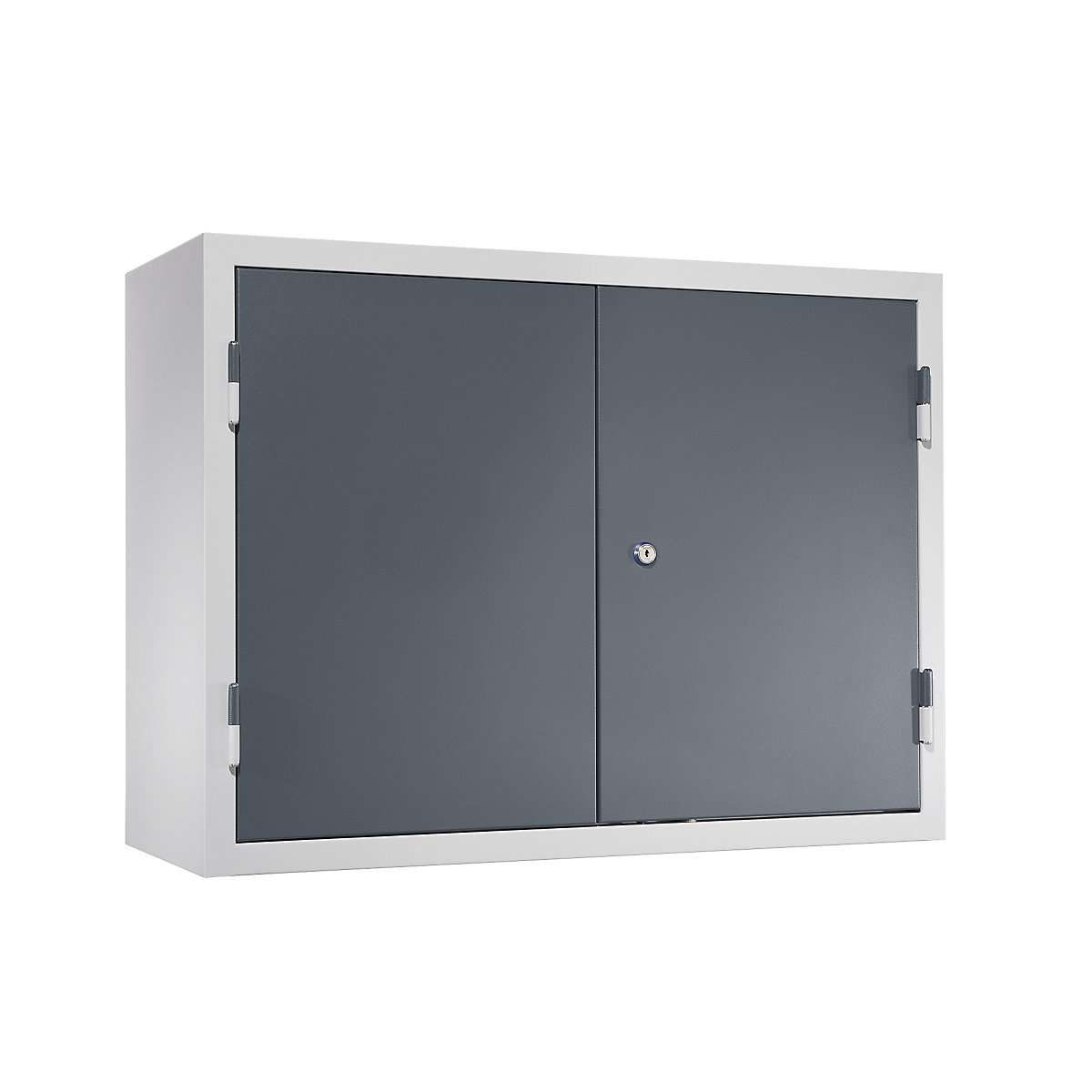 Wall mounted cupboard for the workshop – eurokraft basic, HxWxD 600 x 800 x 320 mm, solid panel doors, with 2 shelves + 2 drawers, basalt grey RAL 7012-6