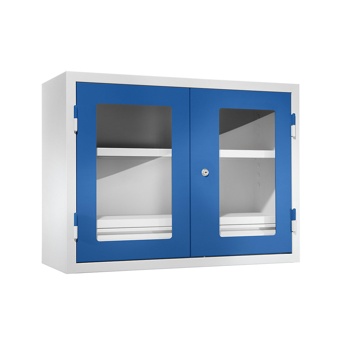 Wall mounted cupboard for the workshop – eurokraft basic, HxWxD 600 x 800 x 320 mm, vision panel doors, with 2 shelves + 2 drawers, gentian blue RAL 5010