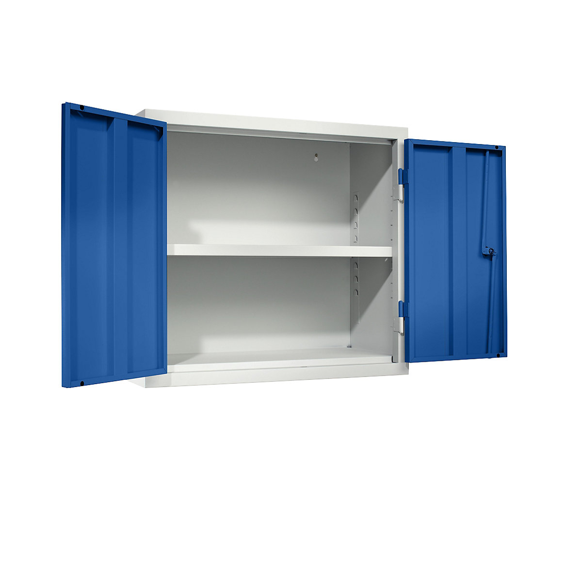 Wall mounted cupboard for the workshop – eurokraft basic, HxWxD 600 x 650 x 320 mm, solid panel doors, gentian blue RAL 5010-6