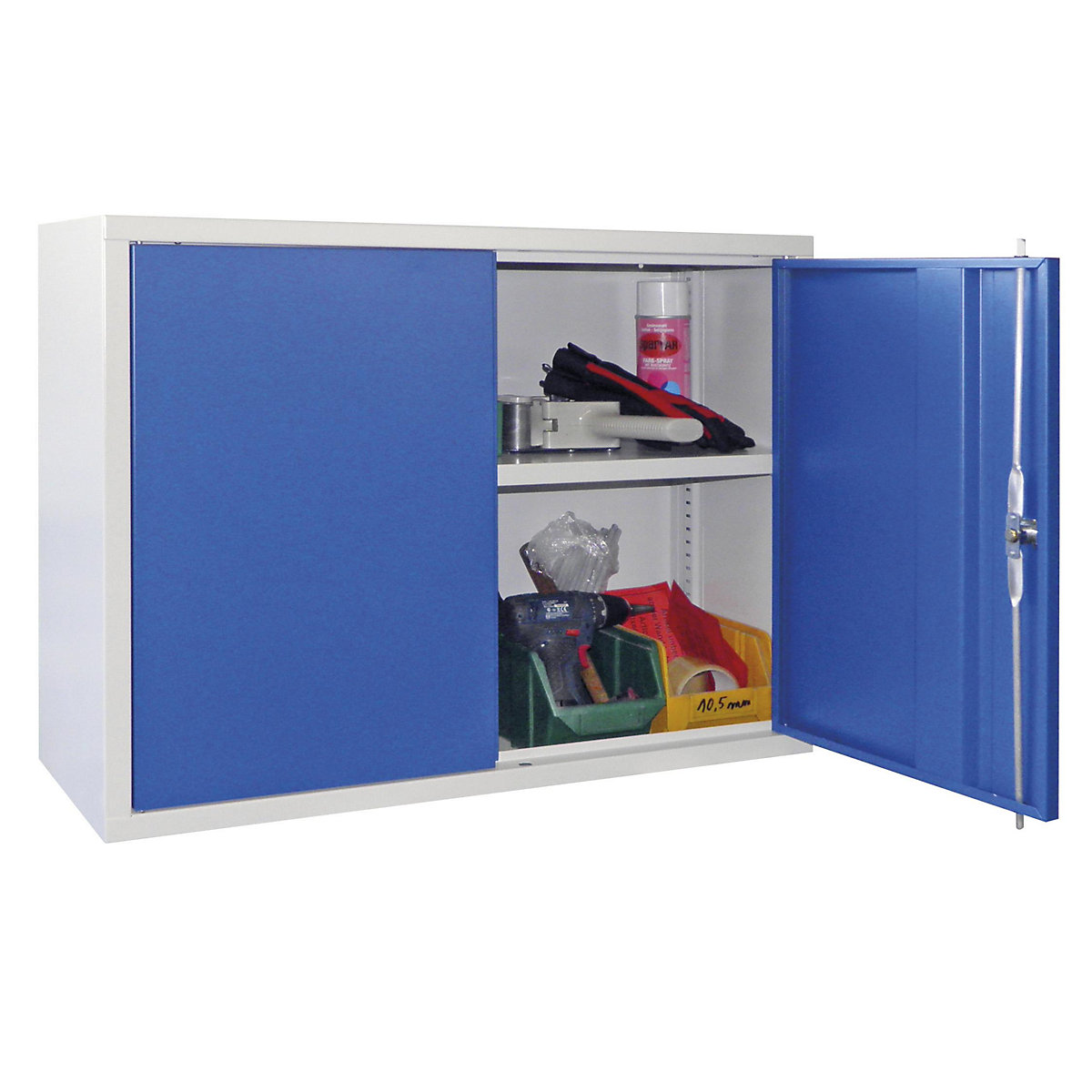 Wall mounted cupboard, height 600 mm – Pavoy, with solid panel door/s, width 800 mm, solid rear panel, grey / blue-8