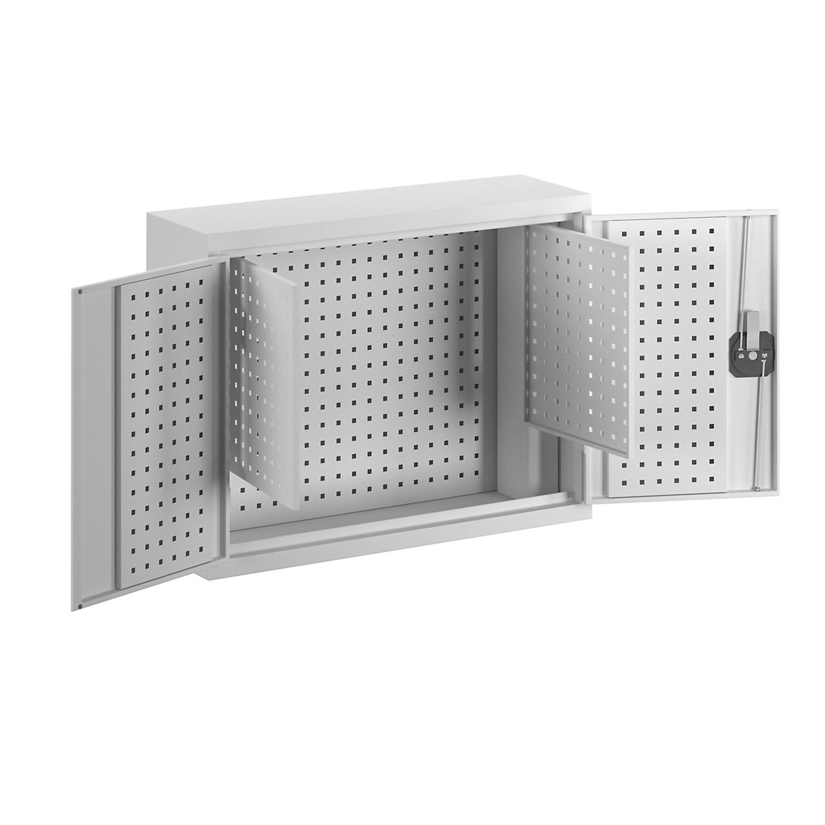 Wall mounted tool cupboard, perforated inside door panels with 2 additional panels, light grey RAL 7035-4