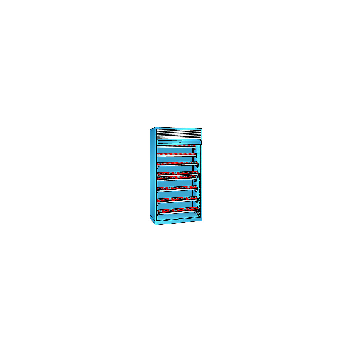 CNC cupboard with roller shutter – LISTA, 8 levels, 64 holders ISO-SK 50, light blue RAL 5012-2
