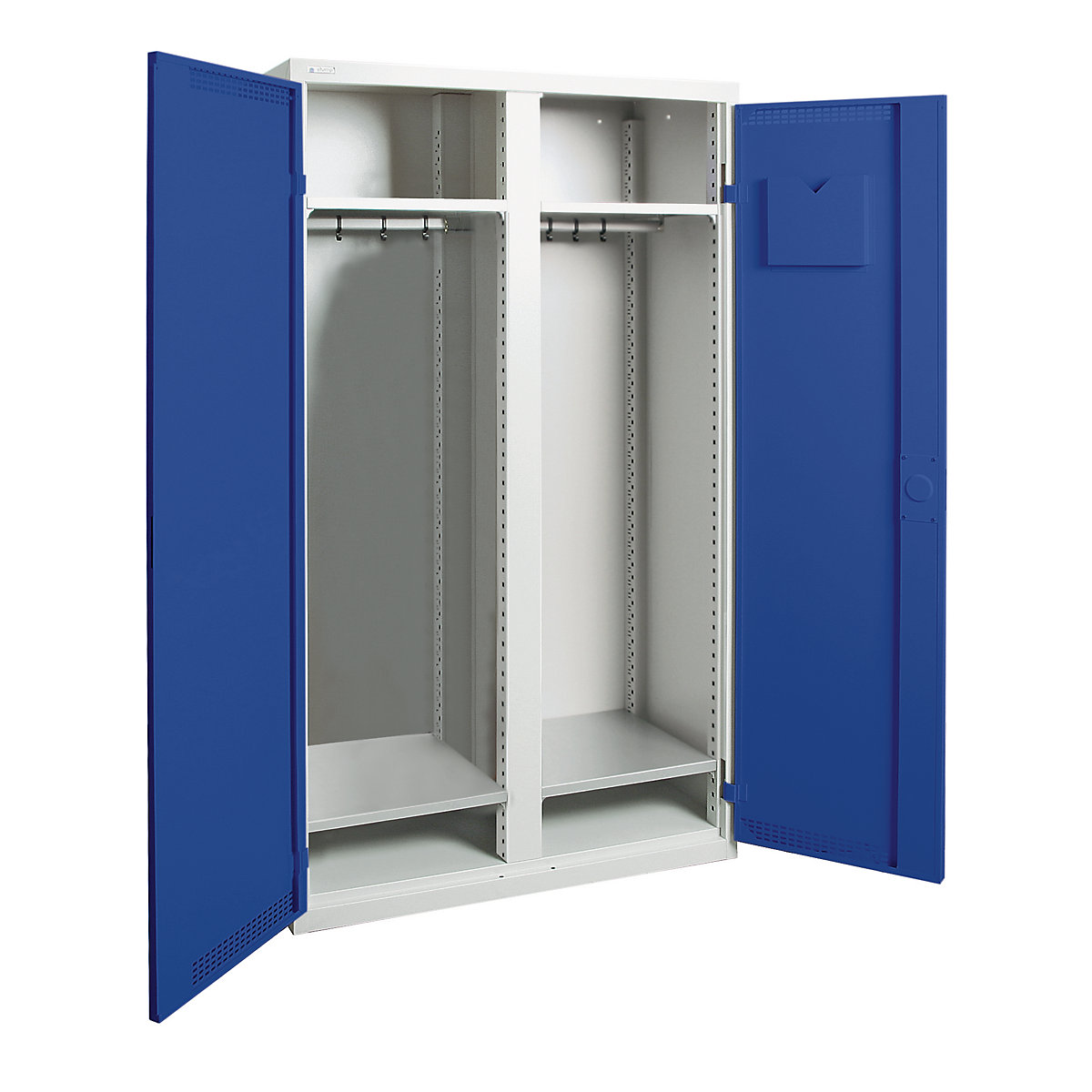 Cloakroom locker, 1 centre partition, 4 shelves, light grey / gentian blue-12