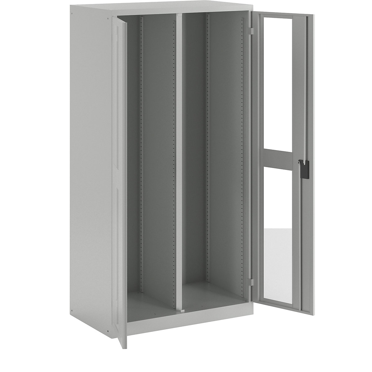 Cupboard with 2 viewing window doors, HxWxD 1950 x 1000 x 580 mm – LISTA, with partition, light grey-2