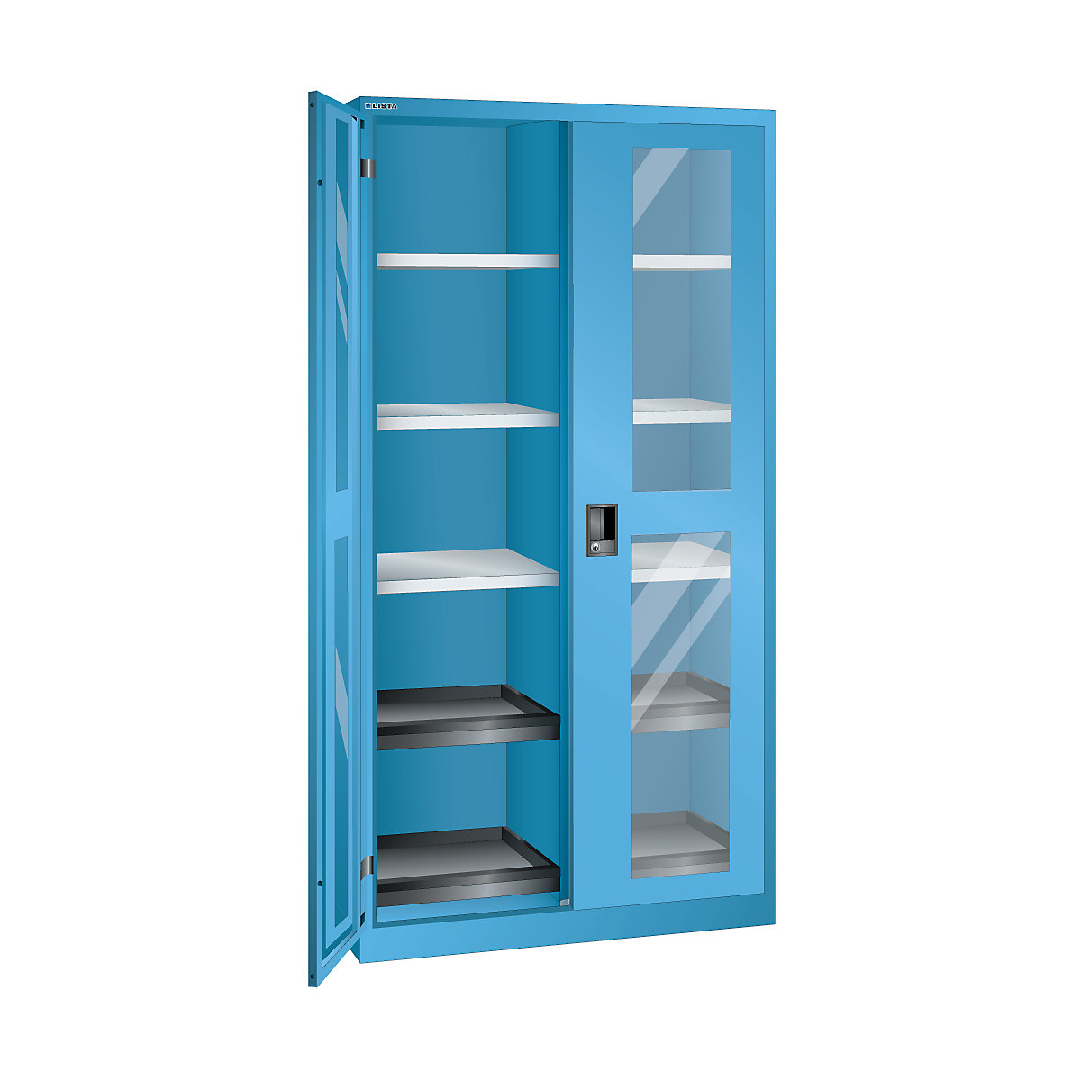 Cupboard with 2 viewing window doors, HxWxD 1950 x 1000 x 580 mm – LISTA, with 10 shelves, light blue-8