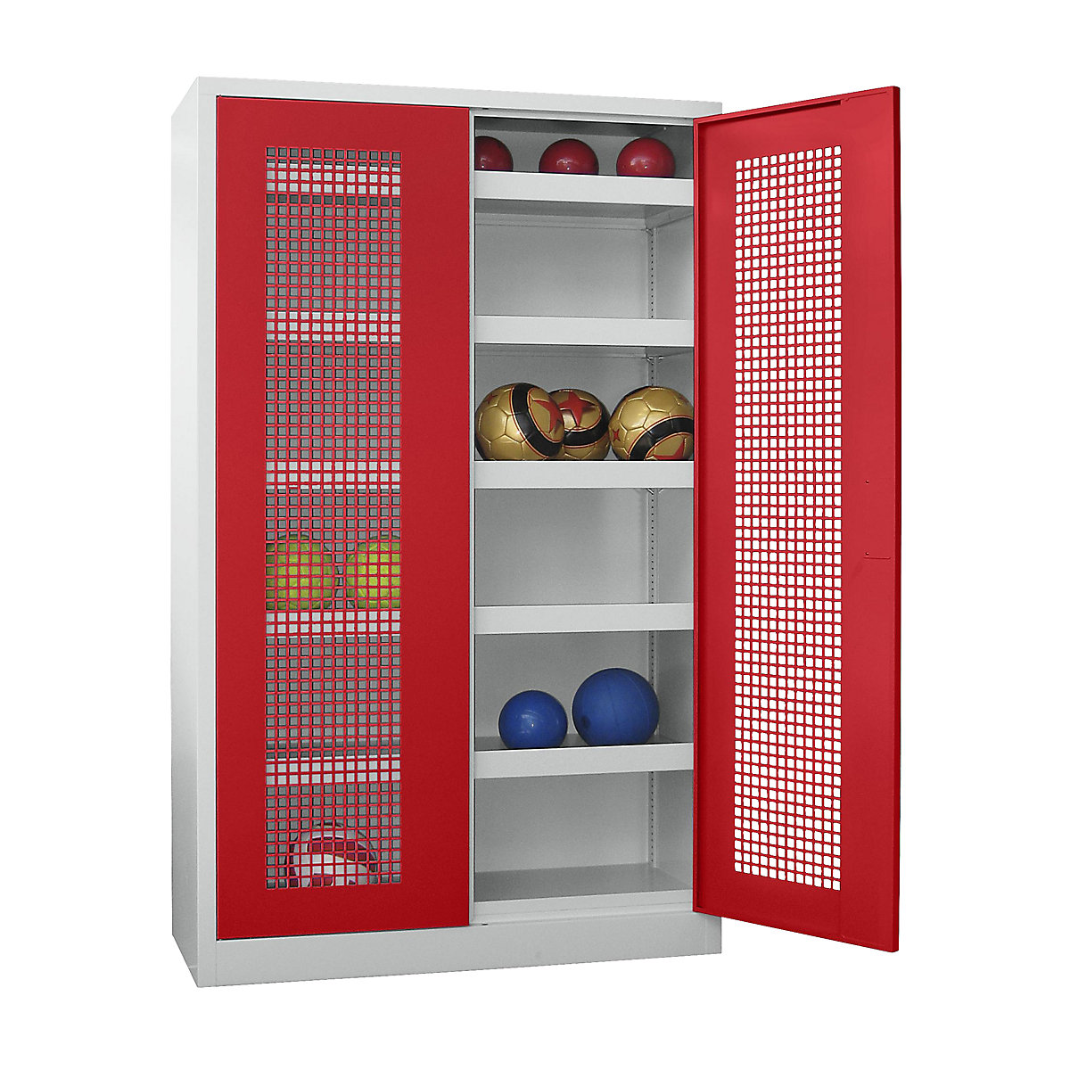 Double door ball cupboard, height 1950 mm – Pavoy, with perforated panel doors, width 1000 mm, grey / red-4